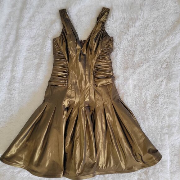 Tadashi Collection Metallic Olive Green Gold Taffeta Silk Fit & Flare US 6 - Picture 5 of 12
